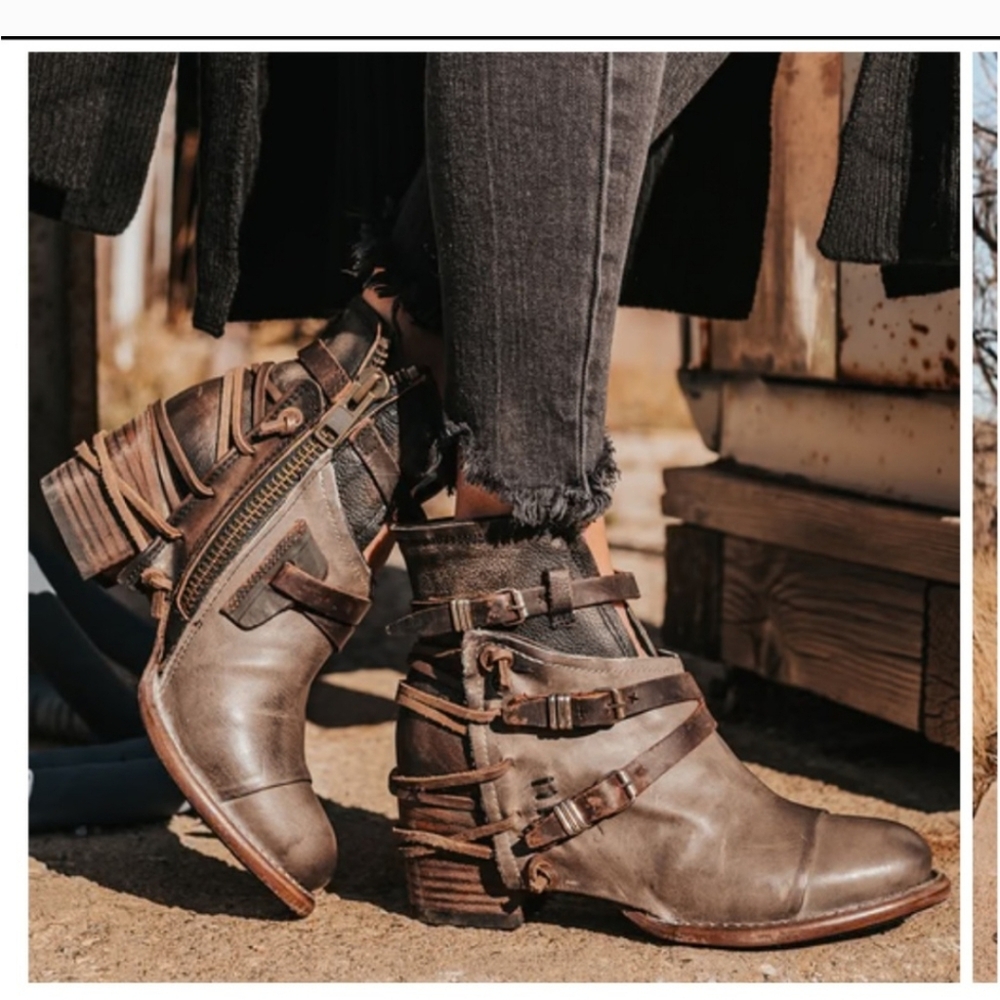 Freebird Distressed Gray Ankle Boots with Buckle Detail
